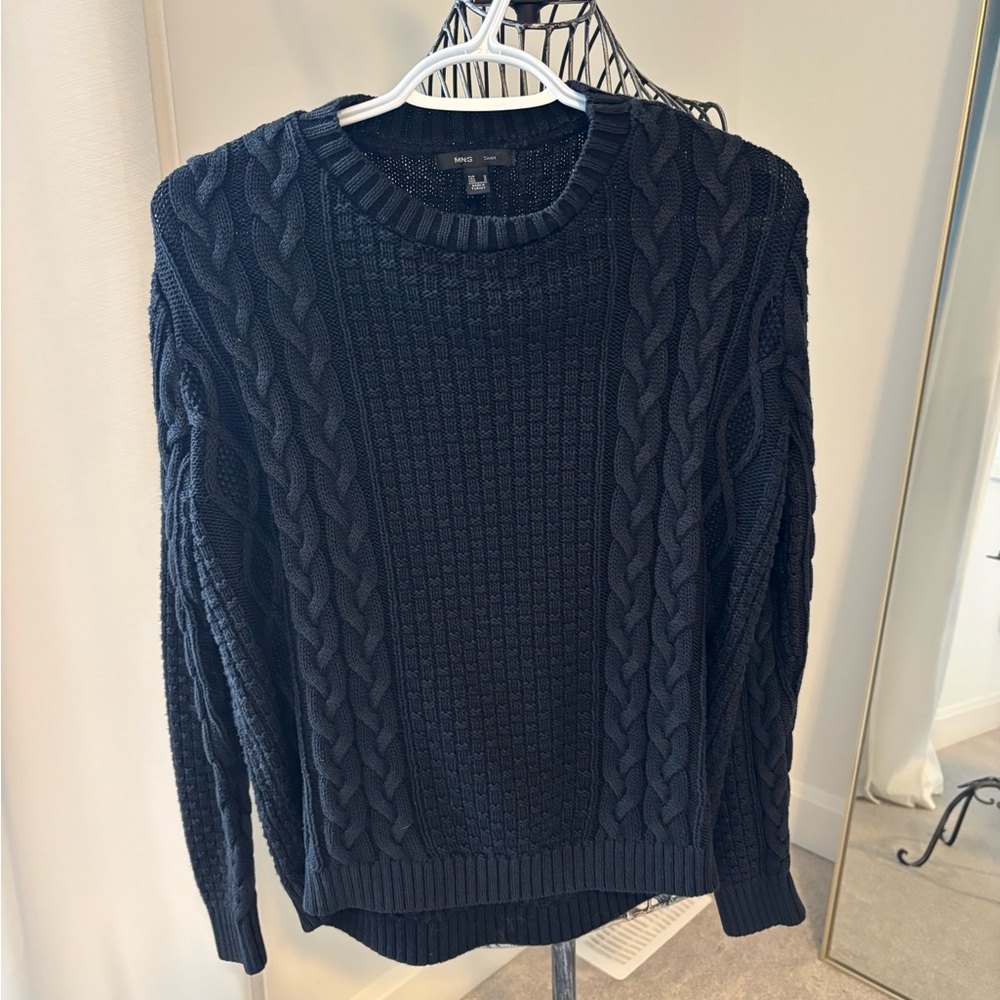 Mango Black Crew Neck Sweater with Textured Knit